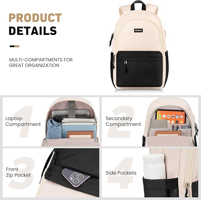 School Backpack for Teens Girls, Cute Student Bookbag Large 15.6 Inch Laptop Bag Aesthetic College Backpacks for Women High School Travel (Black Beige)