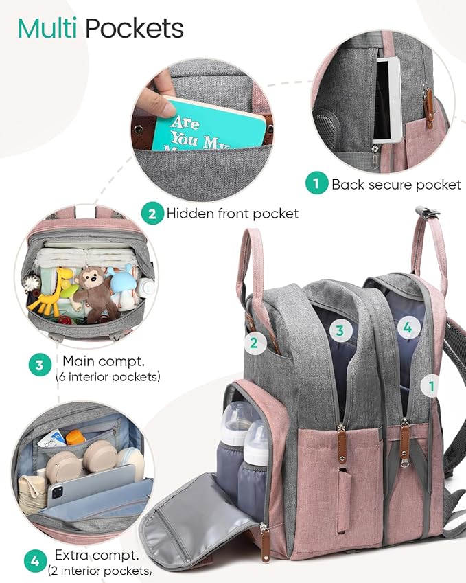 Extra Large Diaper Bag Backpack for Two Kids Twins - Expandable Baby Bag (26-36L), Dual Big Compartments - Includes Changing Pad & Stroller Straps, Unisex Pink Grey