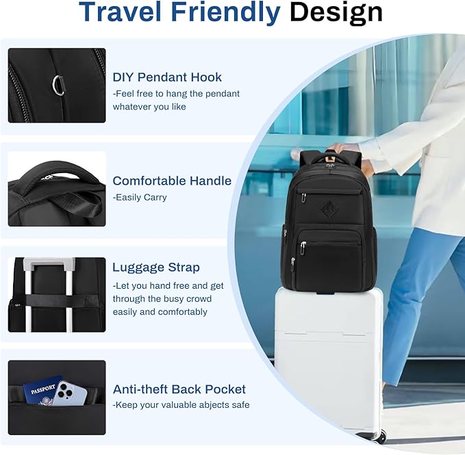 School Backpack for Girls, Lightweight Kids Bookbag for Boys Classic College Backpack for Teen Men Women with Luggage Strap, Age 8-18 Years Old, Black