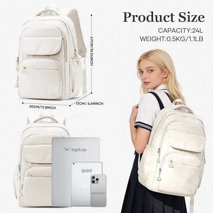 Cute School Backpack for Teens Girls Boys Waterproof School Bag Basic Backpack for College Students Multi Pocket Backpack Lightweight Casual Daypack Backpacks for Women Men（Beige）