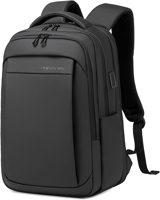 FENRUIEN Expandable Travel Backpack for Men, Water Resistant Computer Backpack with USB Charging Port，Black Laptop Bag 17.3 Inch