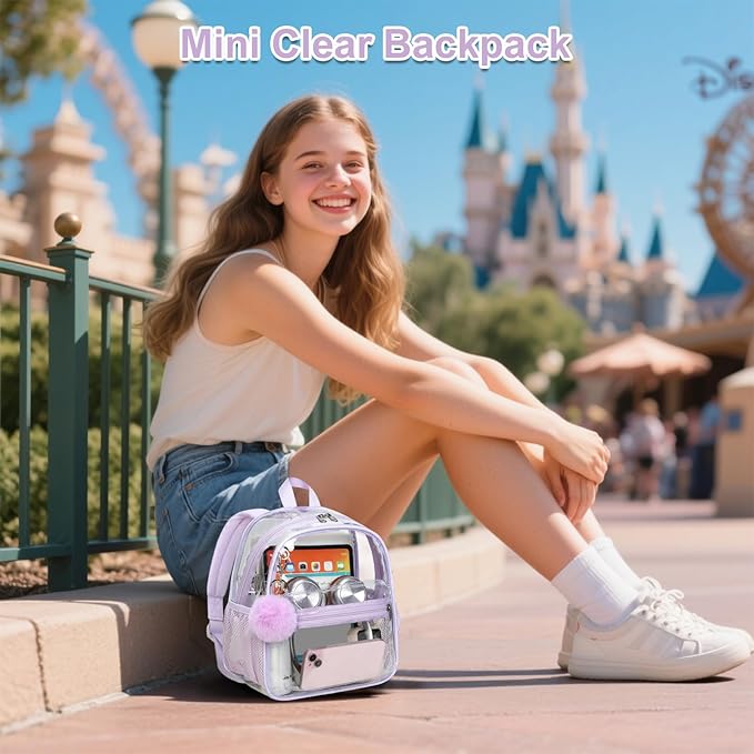 BTOOP Clear Mini Backpack for Stadium Events 12x12x6 Small Transparent Backpacks Plastic See Through Clear Bag for Concerts Work Festival Security Travel Purple