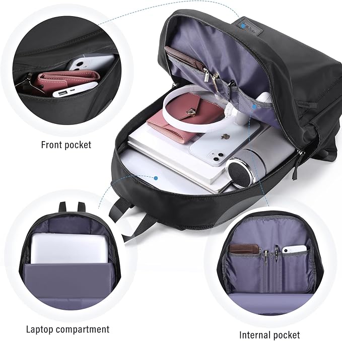 HOMIEE Lightweight Casual Laptop Backpack Fits 15.6 Inch Computer, Water-Resistant Small Daypack Cute Unisex Bookbag for College Work Travel, Black