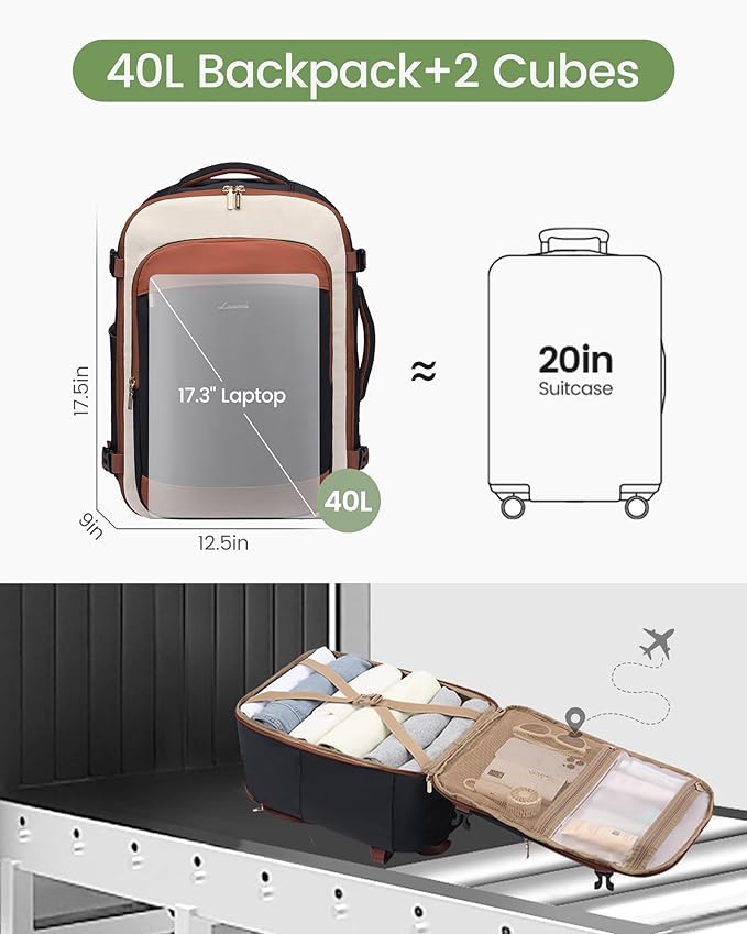 LOVEVOOK 40L Travel Backpack for Women & Men, Airline Approved Carry On Backpack, TSA Personal Item Bag fits 17.3 Inch Laptop, Waterproof Weekender Overnight Bags Suitcase for Work, Black
