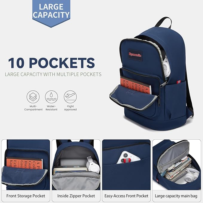 Classic Casual Backpack, Lightweight Daypack with 10 Pockets, Laptop Compartment, EVA Foam Pad (Dark blue)