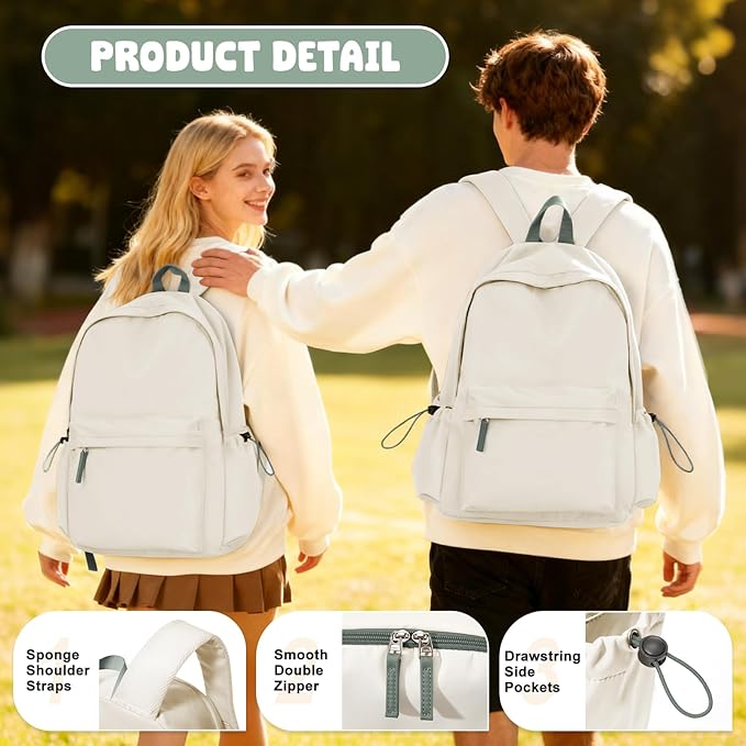 VECAVE School Backpack for Women Men, Lightweight Travel Casual Daypack Laptop Rucksack, Waterproof College High Secondary School Bags Bookbag for Boys Girls Teens BeigeGreen