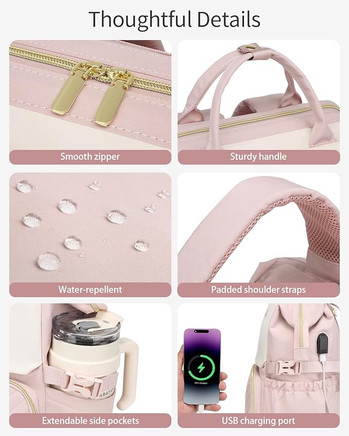 Computer Backpack for Women, Work Bag Laptop Bookbag with Cup Holder & USB Charger for Teacher Nurse College Travel Back Pack, Gifts, Beige Pink