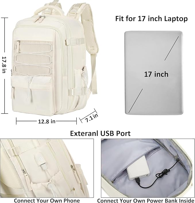 Travel Backpack for Women Men 17 Inch Laptop Backpacks with USB Port Carry on Bag Airline Approved Large College School Bookbags Waterproof Work Business Sport Rucksack Casual Daypack (White)