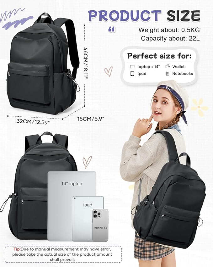 Small Black Backpack for School, High School Book Bag Back Pack for Teens Girls Boys, Lightweight College Backpack Bookbag for Women Men, Simple Casual Daypack Mochilas Escolares para Adolescentes