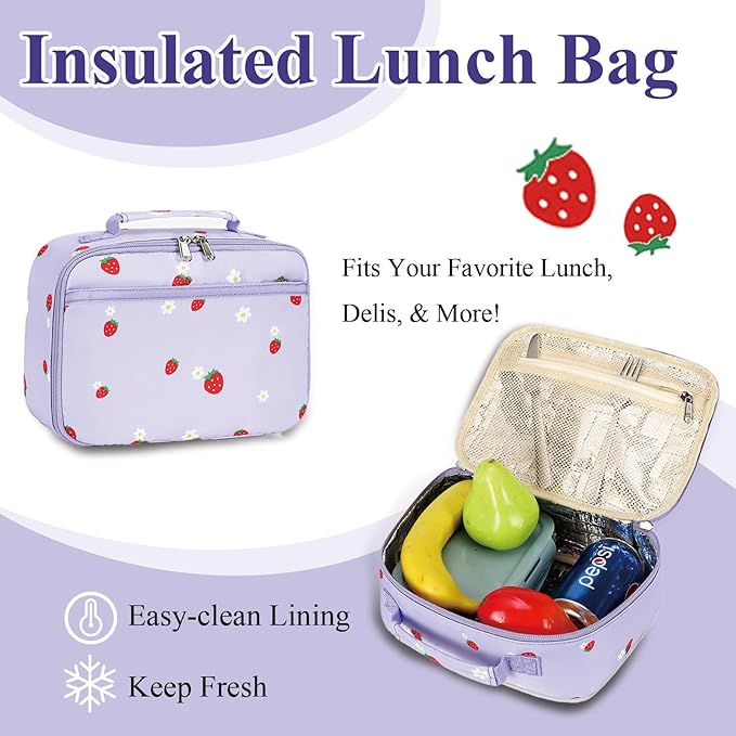 LEDAOU Kids School Backpack with Lunch Box for Girls Kindergarten Elementary BookBag School Bag Preschool Toddler Backpack(Purple Strawberry)
