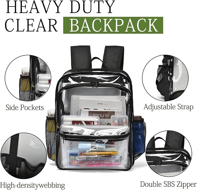 Clear Backpack,15.5 '' Clear Backpacks for School Heavy Duty PVC See Through Bag Waterproof Bookbag for Girls & Boys, Black