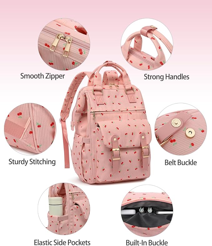 Laptop Backpacks for Women, Corduroy High School College Bookbag 15.6 Inch Laptop Bags for Girls Travel Daypack - Cherry Pink