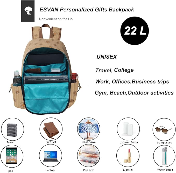 ESVAN Corduroy Backpack Lightweight Fashion 17 inch Laptop Bag for Women Casual College (Corduroy Brown daisy)