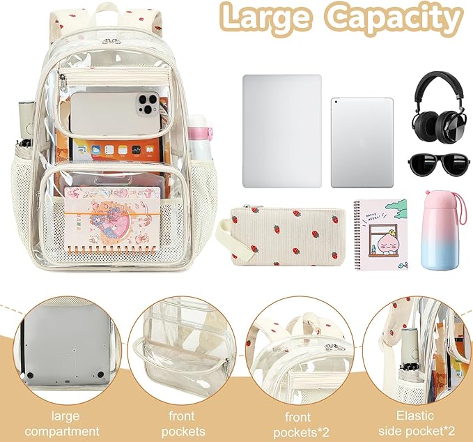 Bluboon Clear Backpack Heavy Duty Kids Boys Clear Bookbag See Through Backpacks with Pencil Case for College Work (Transparent Strawberry)