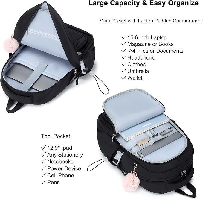 Laptop Backpack 15.6 Inch College Backpacks for Women, School Backpack for Girls,Students Aesthetic Anti Theft Travel Daypack Large Bookbags Middle High School Back Pack(Black)
