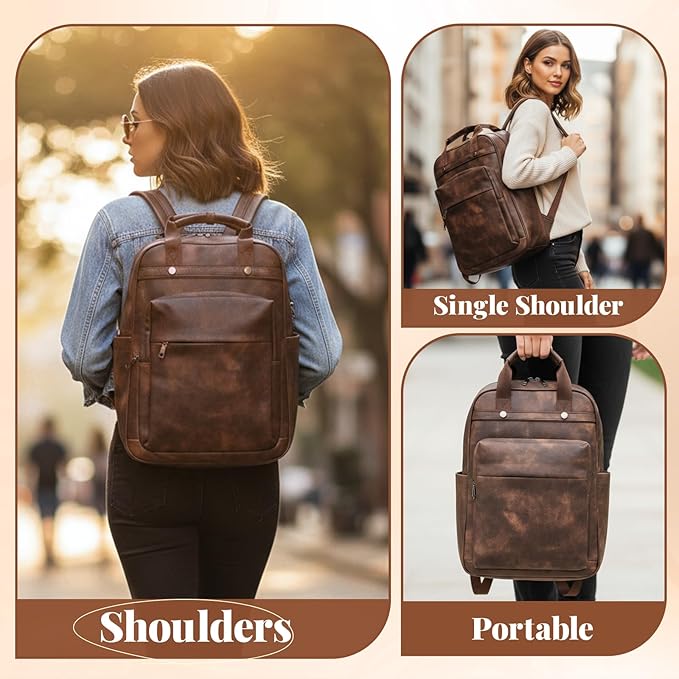 PU Leather Laptop Backpack for Women | 17 Inch Laptop Backpack for Work College School - Large Capacity Computer Bag Teacher Nurse Bag Casual Daypack (Coffee)