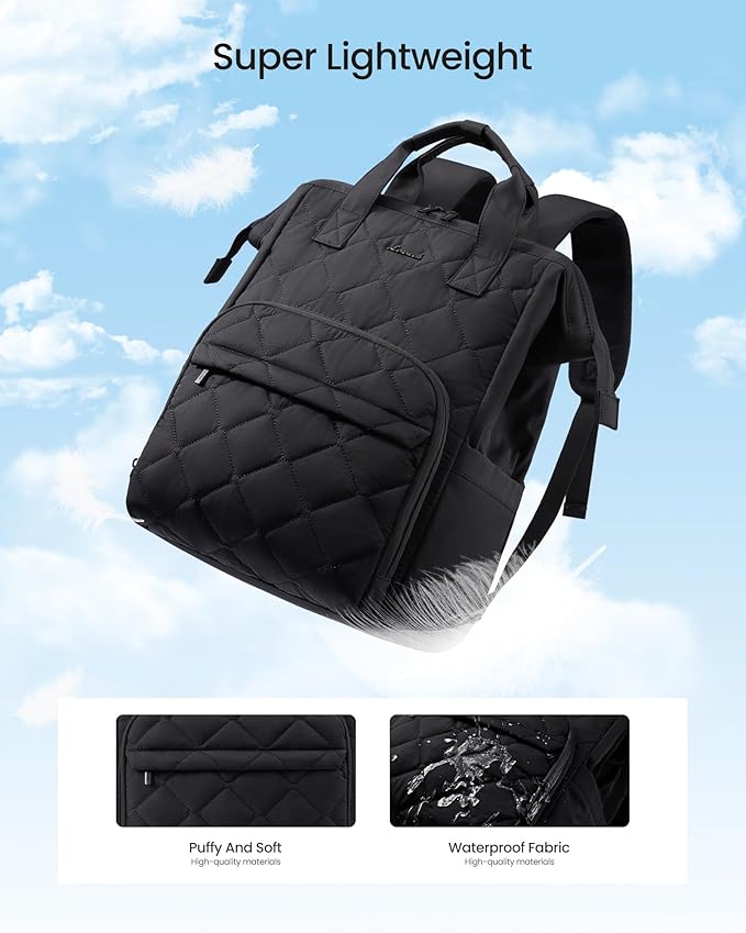 LOVEVOOK Laptop Backpack for Women, 17.3 inch Work Travel Backpack Purse, Puffer Quilted Laptop Backpack Casual Daypack for Nurse Teacher，Black
