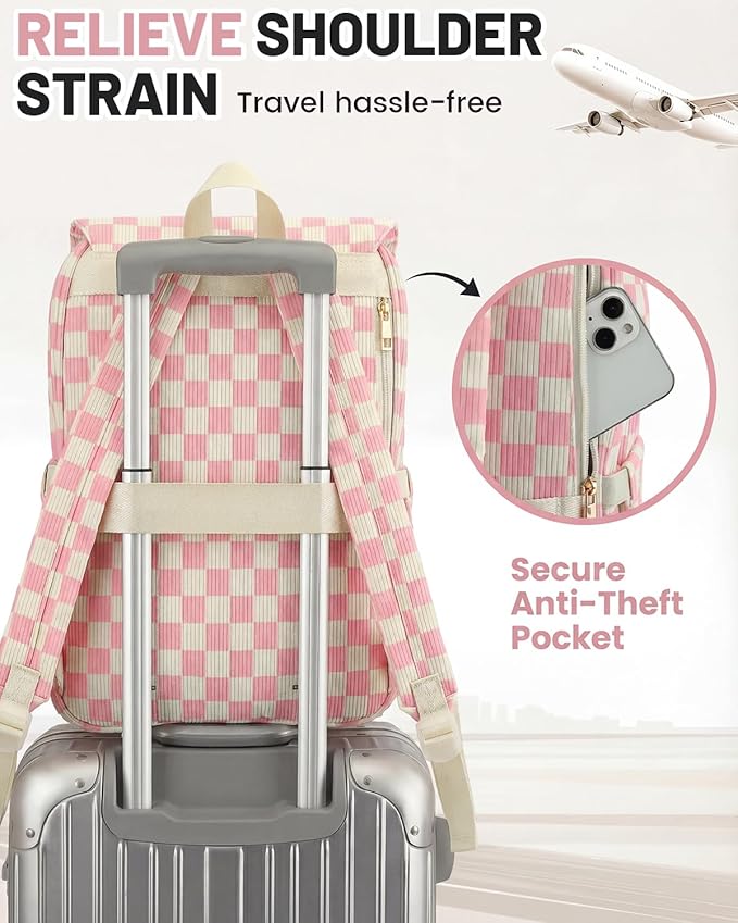 Corduroy Laptop Backpack for Women, Fits 15.6 Inch Computer Bag, College High School Bookbag Travel Daypack Purse, Work Business Bags - Corduroy Checkered Pink