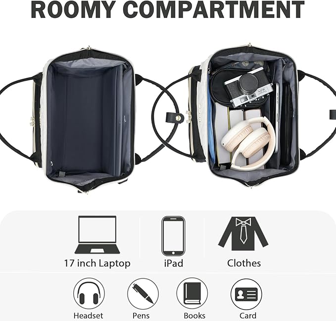 EMPSIGN 17 Inch Laptop Backpack for Women, Work Business Travel Computer College Bags, Large Capacity Water-repellent Quilted Casual Daypack with USB Port, Beige-Black