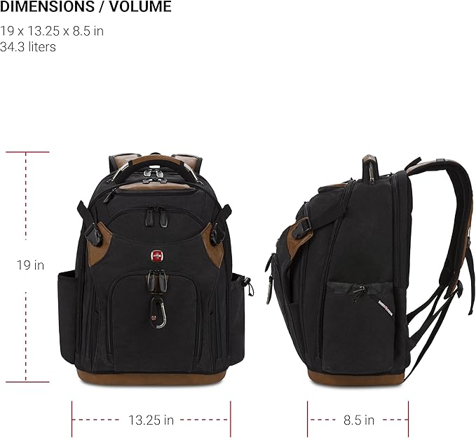 SwissGear Tool Bag Backpack, Fits Up to 17-Inch Laptop, Work Pack PRO, Black/Brown Canvas