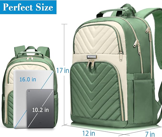 Travel Laptop Backpack for Women Men, 15.6 Inch Quilted Work Backpack Purse, School Backpack for Teens Girls Boys, Large Teacher Student Bookbags, Casual Daypacks, Beige & Green