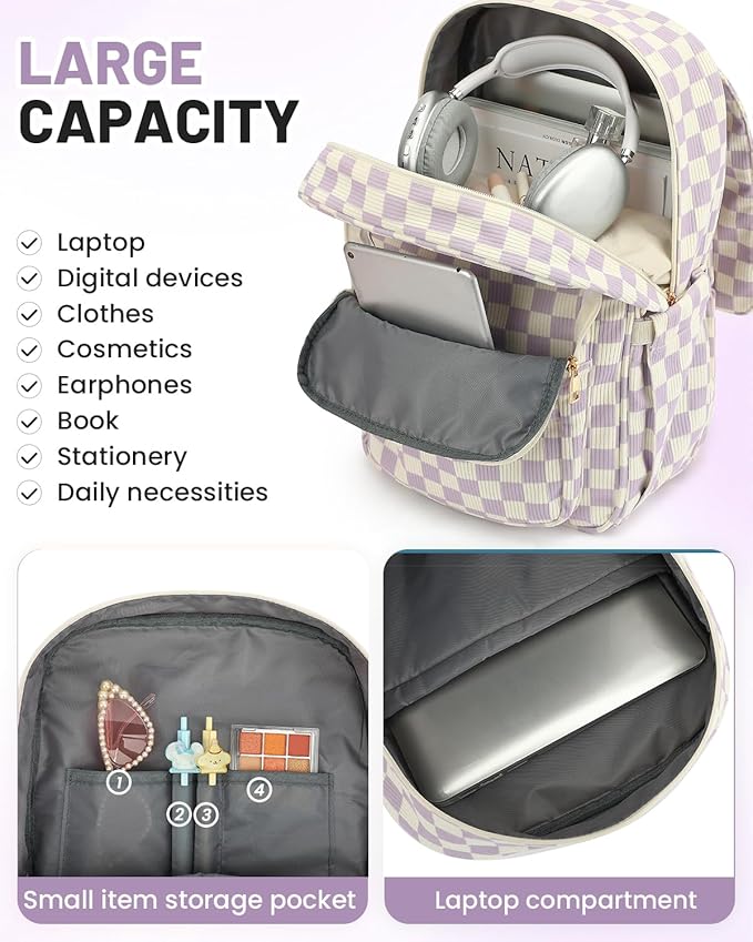Corduroy Laptop Backpack for Women, Fits 15.6 Inch Computer Bag, College High School Bookbag Travel Daypack Purse, Work Business Bags - Corduroy Checkered Purple