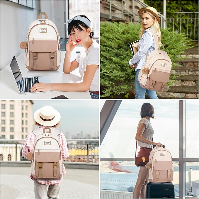 School Backpack for Teen Girls, Cute College Backpacks for Women Students Aesthetic Bookbag Large 18 Inch Laptop Bag Middle School Travel Back Pack (Beige Khaki)
