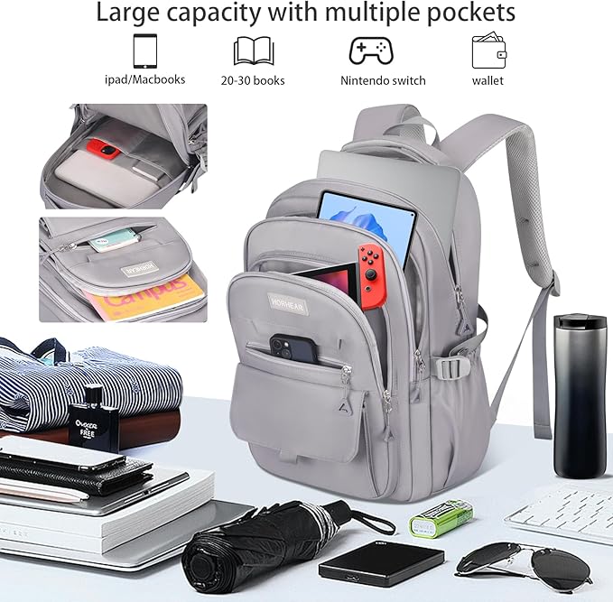 School backpack for Girls, Aesthetic Backpack for Women Cute Bookbag Preppy College (Grey)