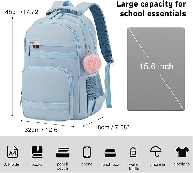 School Backpack for Teen Girls,Book Bag with Laptop Compartment,Laptop Backpack Fits 15.6Inch Notebook for Travel,College Back Pack for Girls Middle and High School,Mochilas Escolares para Niñas,Blue