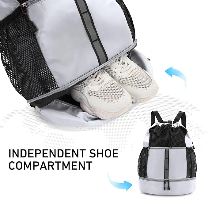 Valleycomfy Drawstring Gym Bag Sports Backpack With Shoe Compartment and Reflective Strips White