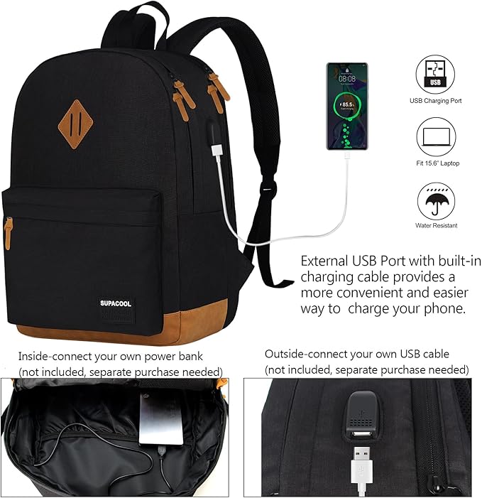 SUPACOOL Lightweight Laptop Backpack with USB Charging Port for Men and Women, Double Layers Backpack for College, Work, Travel, Casual(Black and brown)