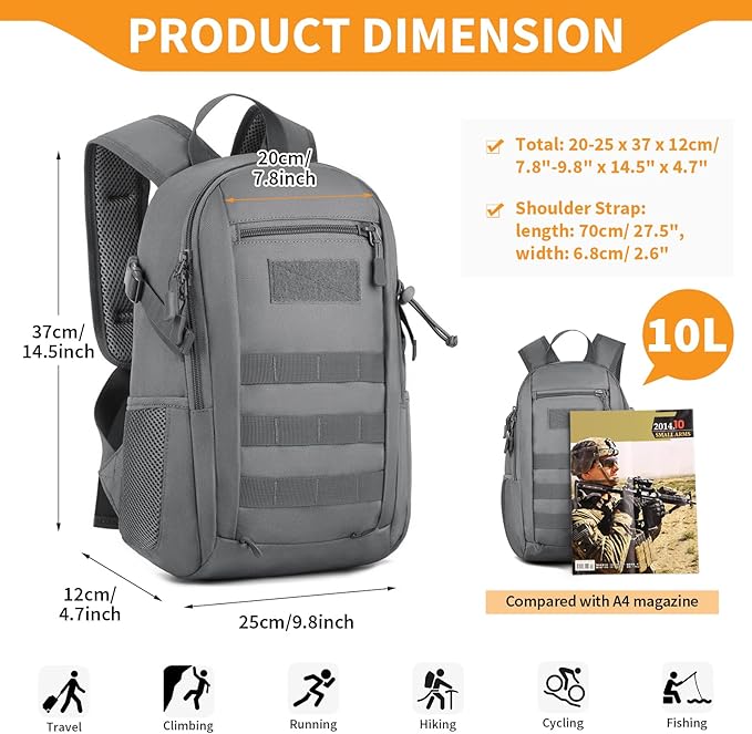 HUNTVP 10L Tactical Backpack Small Backpack Mini Daypack Military MOLLE Rucksack Gear Tactical Assault Pack Bag for Hunting Camping Trekking(10l-grey)