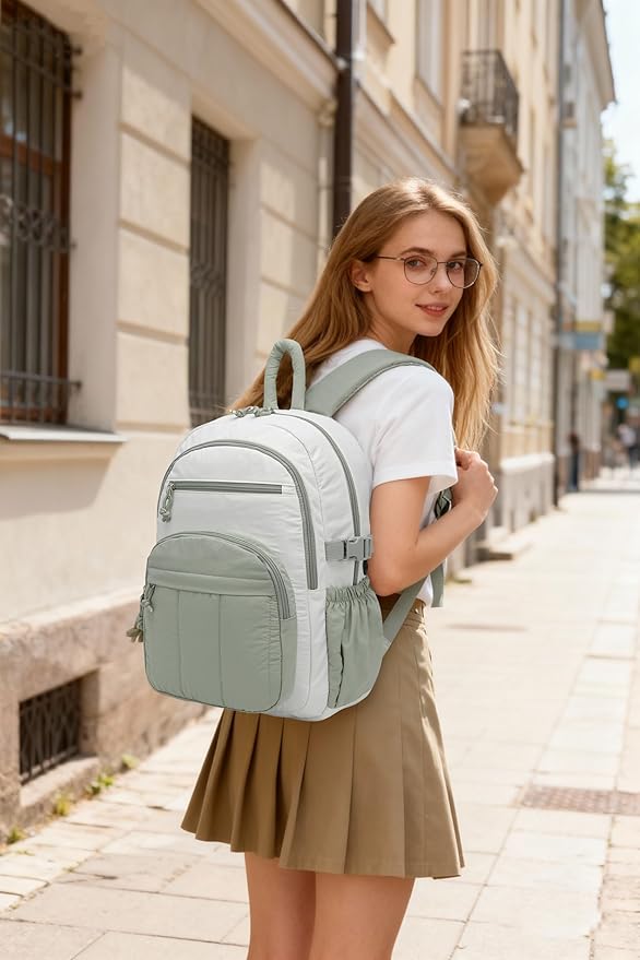 Backpack for Women, Quilted Laptop Bookbag with Pouch Pockets for College Work Travel Gym Teacher Nurses, Puffer High School Backpack for Girls, Beige Green