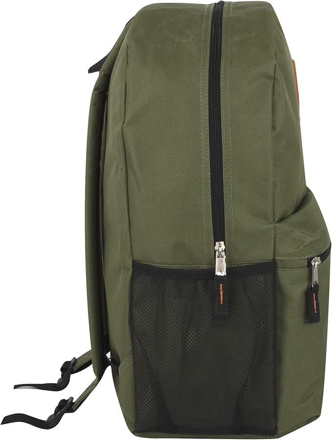 Trail maker Large School Backpacks with Mesh Side Pockets – Classic 19 Inch Solid Color Backpacks for Kids, Men, Women, Travel (Green & Orange)