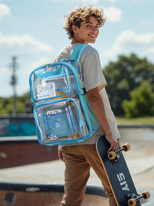 Clear Backpack Heavy Duty, Large TPU Clear Bookbag for Boys Girls Adult, See Through Transparent Back Pack with Multiple Pockets for College Work Casual Security,Light Blue