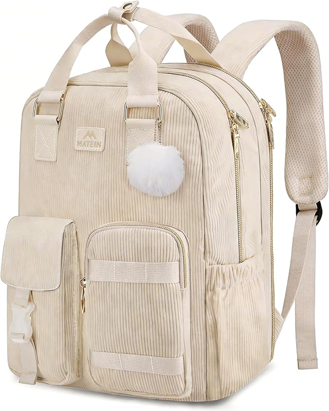 MATEIN Backpack for Teen Girls, 15.6 Inch Cute Corduroy Laptop Backpack Aesthetic College School Bookbag with Luggage Strap, TSA Lightweight Soft Kawaii Travel Backpacks for Women Nurse, Beige