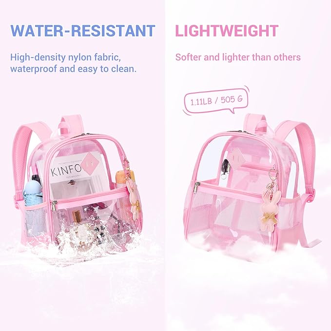 Clear Backpack for Stadium Events Approved 12×6×12, Thick TPU Mini Clear Bag with Front Pocket for Concert Sport Events Work Travel, Pure Pink