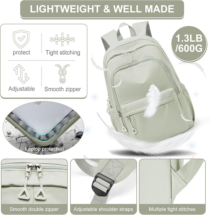 suwasp Casual Laptop Backpack for Women Men Waterproof Lightweight Backpacks Bag 15.6inch Laptop Daypack Large Capacity Backpack, Light Green