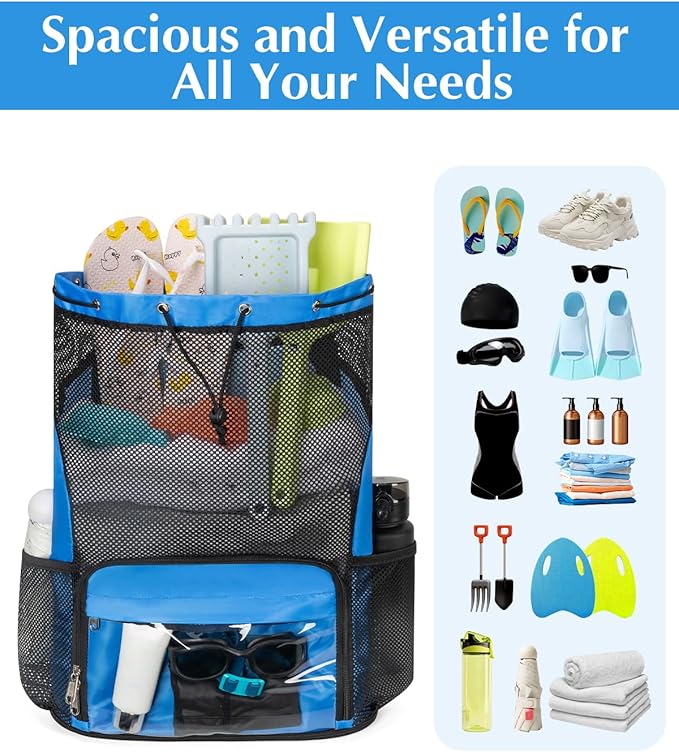 Drawstring Backpack Sandproof Beach Backpack with Shoe Compartment & Wet Pocket Waterproof Mesh Swim Bag Pool Bag for Gym, Travel and Workout Gear (Blue)