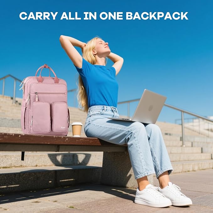 Mancro College Backpack for Women, 15.6 Inch TSA Laptop Bookbag with Mutiple Pockets, Large Capacity Book Bag for Teen Girl Students Casual Daypack Travel Backpacks, Pink