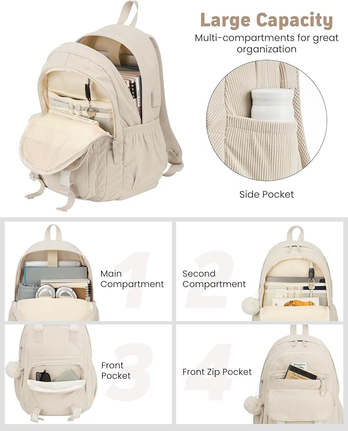 School Backpack for Teens, Large Corduroy Bookbag Cute 15.6 Inch Laptop Bag for Girls Women Lightweight Aesthetic High School College Back Pack for Student Nurse, Beige