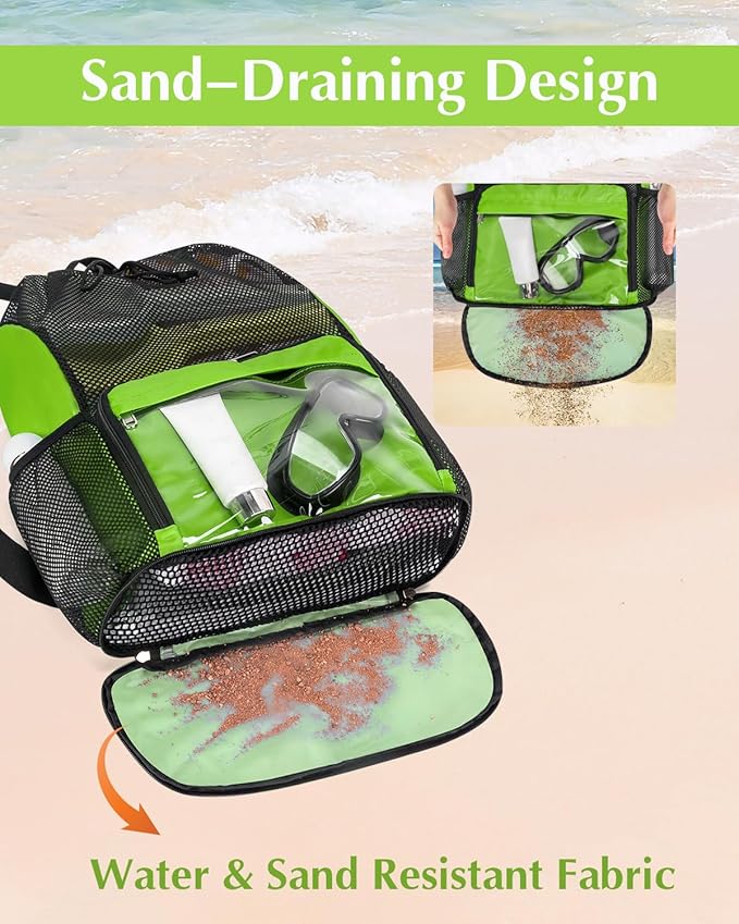 Drawstring Backpack Sandproof Beach Backpack with Shoe Compartment & Wet Pocket Waterproof Mesh Swim Bag Pool Bag for Gym, Travel and Workout Gear (Mint Green)