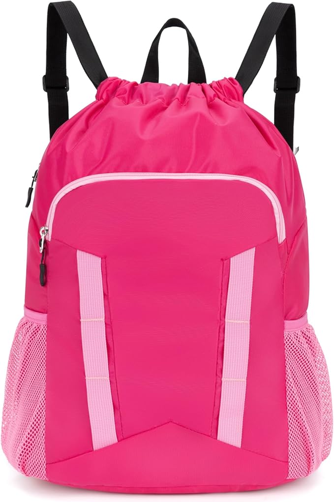 Drawstring Backpack for Kids Sports Gym Bag with Shoes Compartment, Water Resistant Beach Swim Bag String Backpack for Girls and Boys, Pink