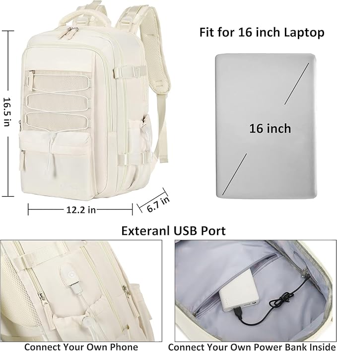 Travel Backpack for Women Men 15.6 Inch Laptop Backpacks with USB Port Carry on Backpack Flight Approved Large Back Packs College Bookbags Outdoor Sports Hiking Rucksack Casual Daypack (White)