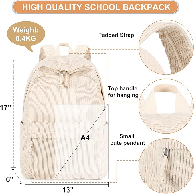 BTOOP School Backpack for Teens Large Corduroy Bookbag Lightweight 15.6 inch Laptop Bag for Girls Women Casual High School College