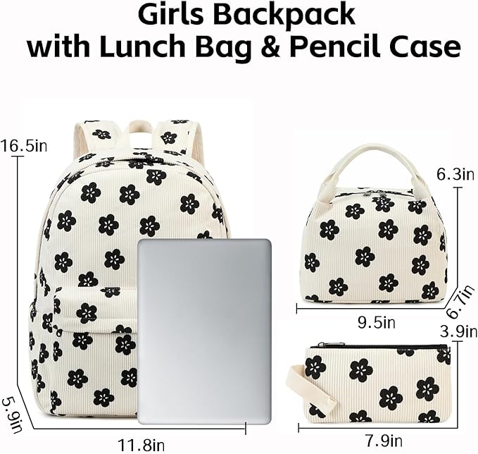 School Backpack for Teen Girls Kids Backpack with Lunch Bag Pencil Case, Waterproof Laptop Backpack Casual Daypacks for Preschool Kindergarten Elementary, Floral