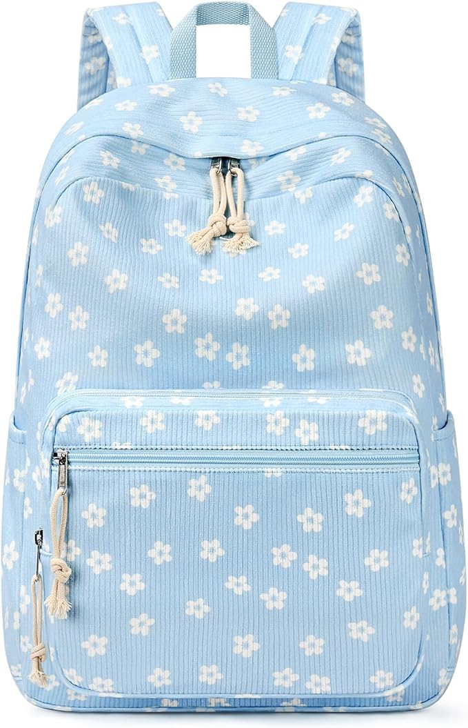 mibasies School Backpack for Girls with Laptop Sleeve: 18IN Large Capacity Corduroy Bookbag for Primary Middle School/College, Travel Daypack for Teens Women - Blue Flower