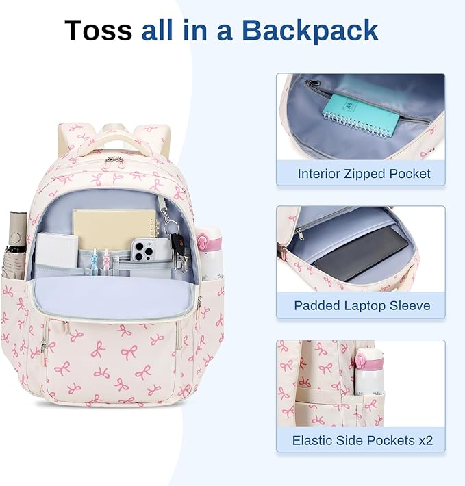 Girls Backpack, Lightweight School Backpack Multiple-pocket College Bookbag for Teen Girls Travel Backpack with Luggage Strap for Women, Beige with Pink Bow