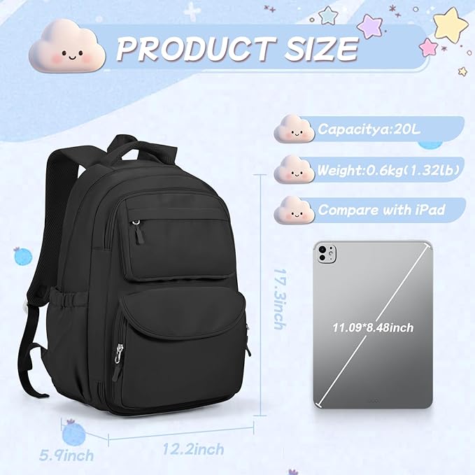 Cute Black Backpack For School Teens Girls Boys, Aesthetic Kids Elementary School Backpacks, Waterproof Middle Students Bookbag, Large Capacity Backpack For College Women Men