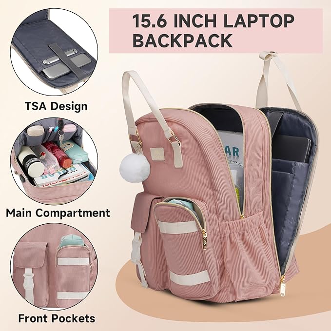 MATEIN Laptop Backpack for Women, Cute Corduroy Computer Backpack Water Bottle Holder, TSA Lightweight Aesthetic Bag Work Business Backpack College Teacher Bags, Pink